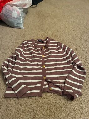 Striped Crewneck Cardigan Sweater in brown and white (size small)